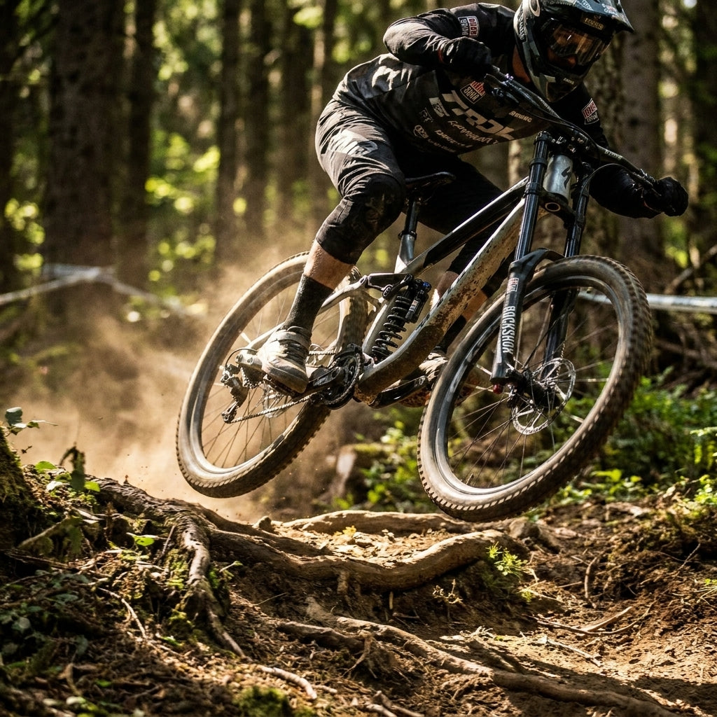 Rockshox Feder für Dämpfer an Mountainbike bei Sprung im Wald.