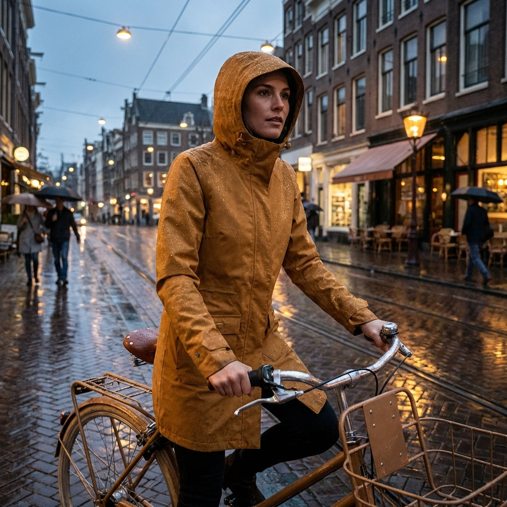 Basil Mosse Damen Regenparka goldbraun XS auf Fahrrad im Regen in der Stadt.