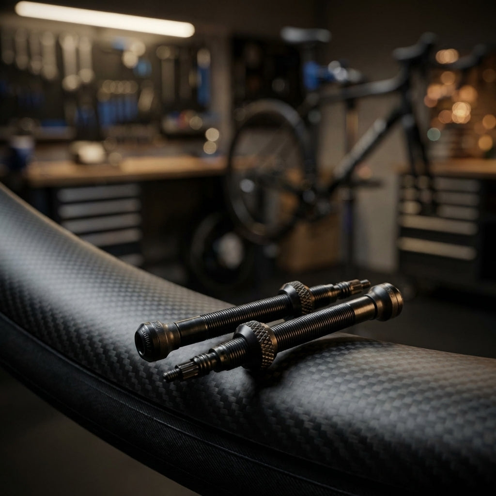 Zwei schwarze Schwalbe Tubeless-Ventile 60 mm aus Aluminium auf einer Carbonfelge in einer Werkstatt.