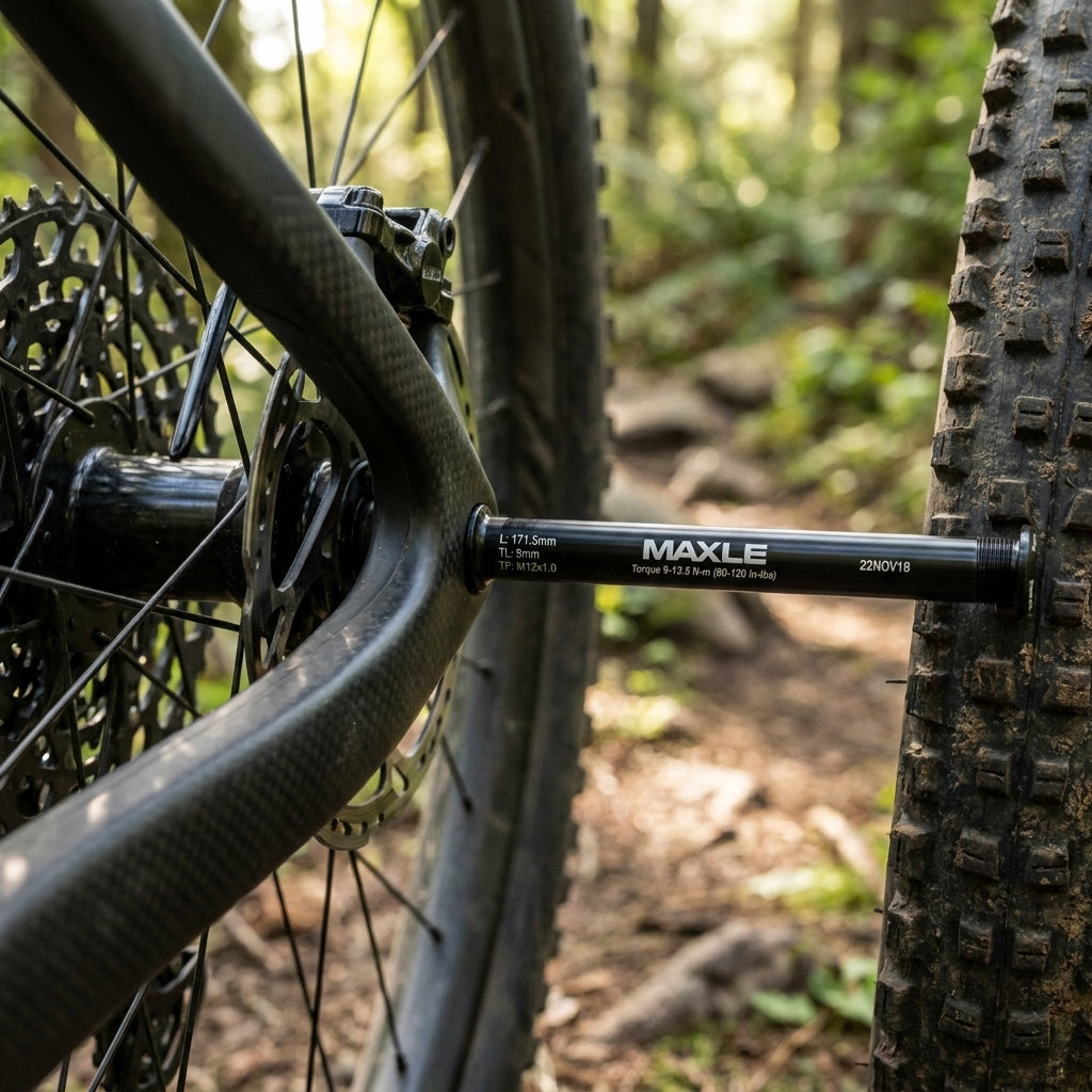 Schwarze RockShox Maxle Stealth 12x148mm 171,5mm Hinterrad-Steckachse am Carbon-Mountainbike, leicht und steif.