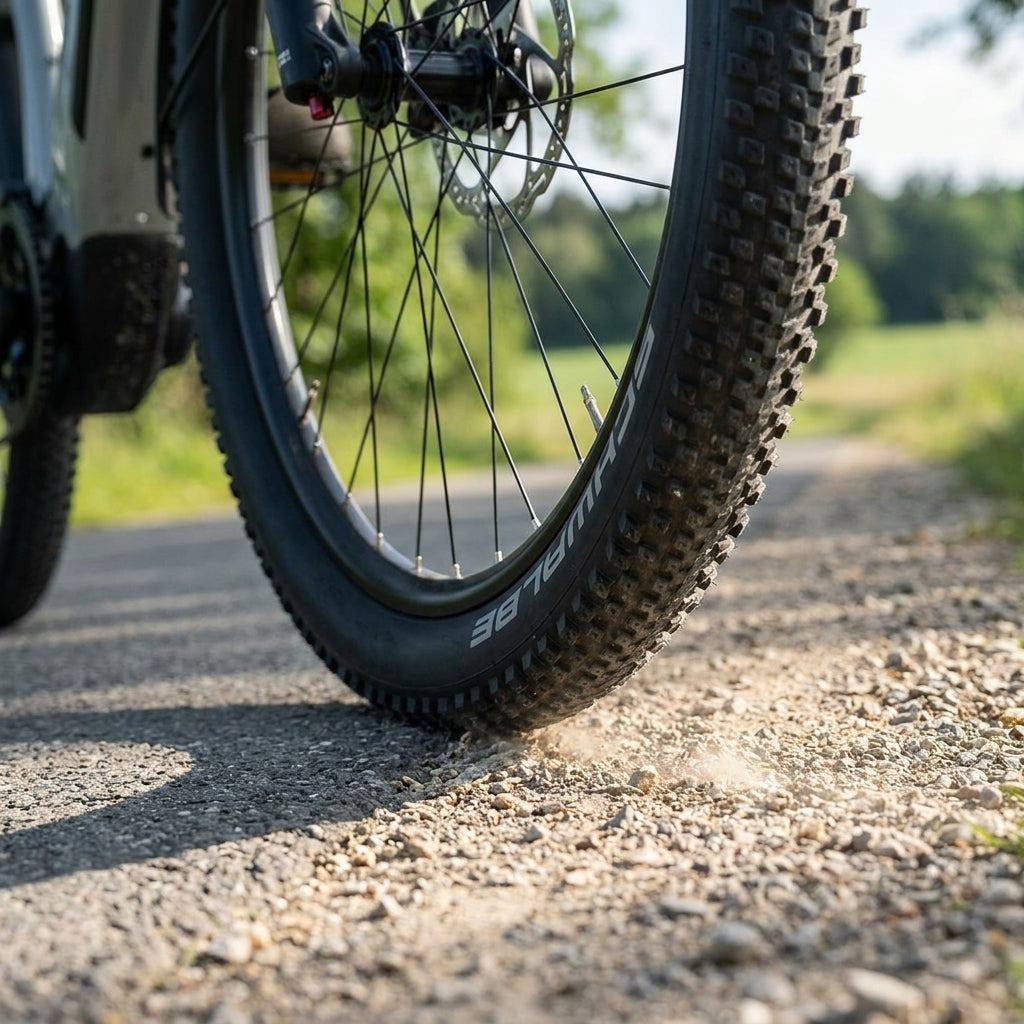 Schwalbe Advancer Hybrid Drahtreifen 65-584 Schwarz auf Schotterweg, Staub aufwirbelnd.