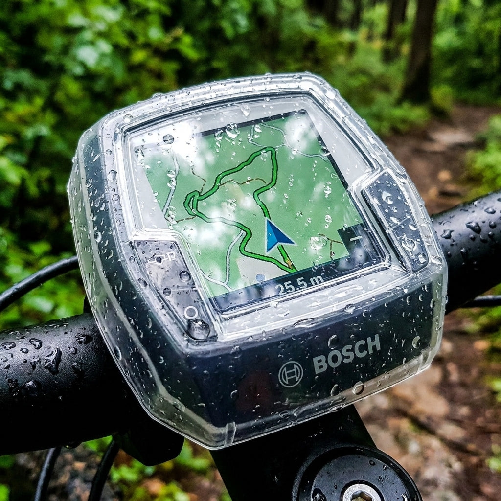 MH-Cover Displayschutz für BOSCH Purion/Intuvia am E-Bike Lenker. Regenfestes Cover auf Navi-Display im Wald.