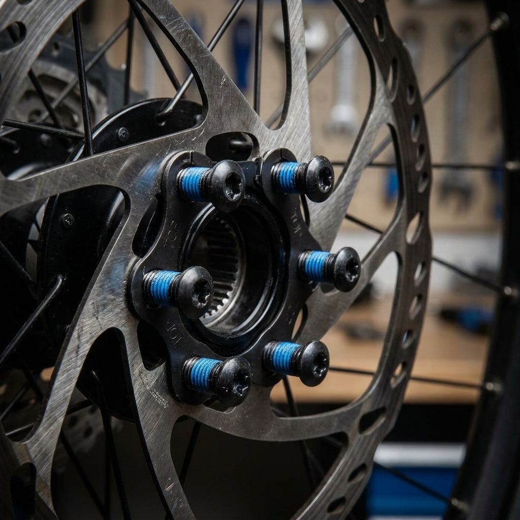 Shimano SM-RT76 6-Loch Bremsscheibe mit blauen Befestigungsschrauben am Fahrrad-Laufrad in einer Werkstatt.