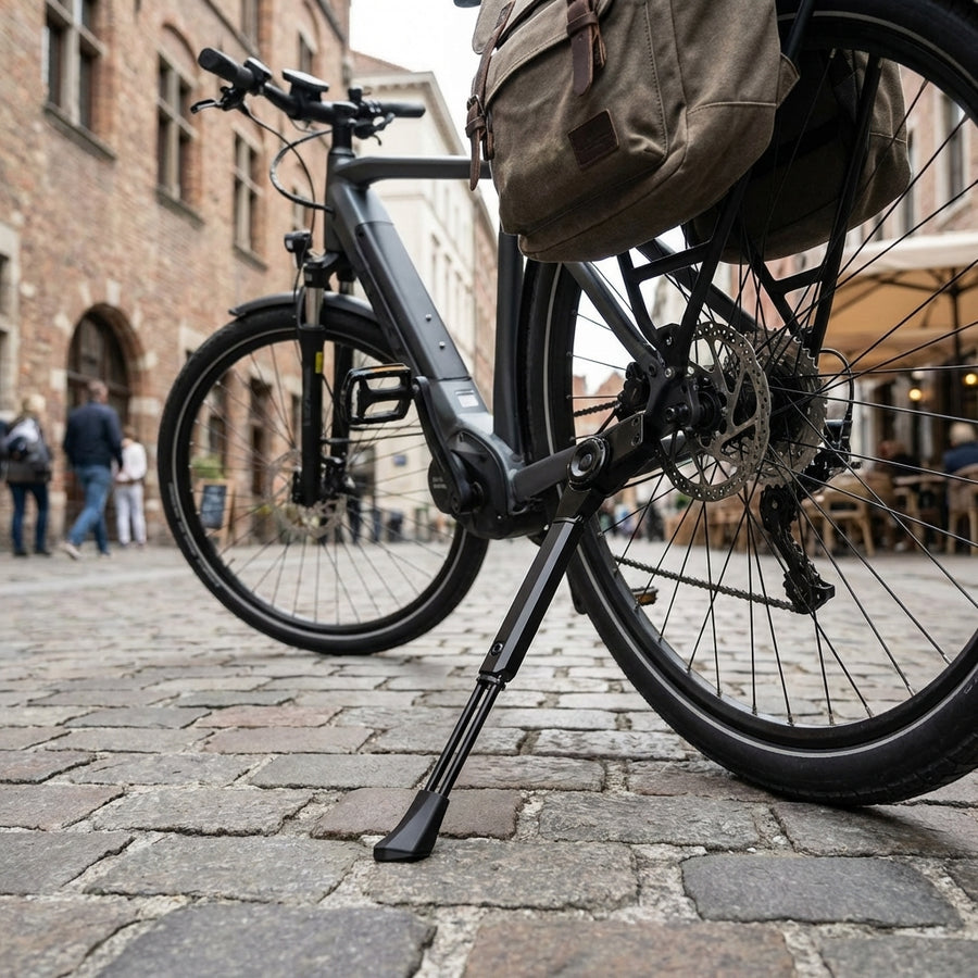Ursus Hinterbauständer CURVE REAR Aluminium schwarz für 26-28 Zoll Fahrräder, montiert an E-Bike auf Kopfsteinpflaster.