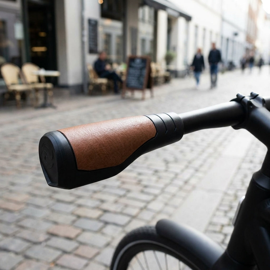 Herrmans Primo Lenkergriffe in Braun-Antik-Textur mit Alu-Verschlussring. Komfortable Fahrradgriffe für sicheren Halt.