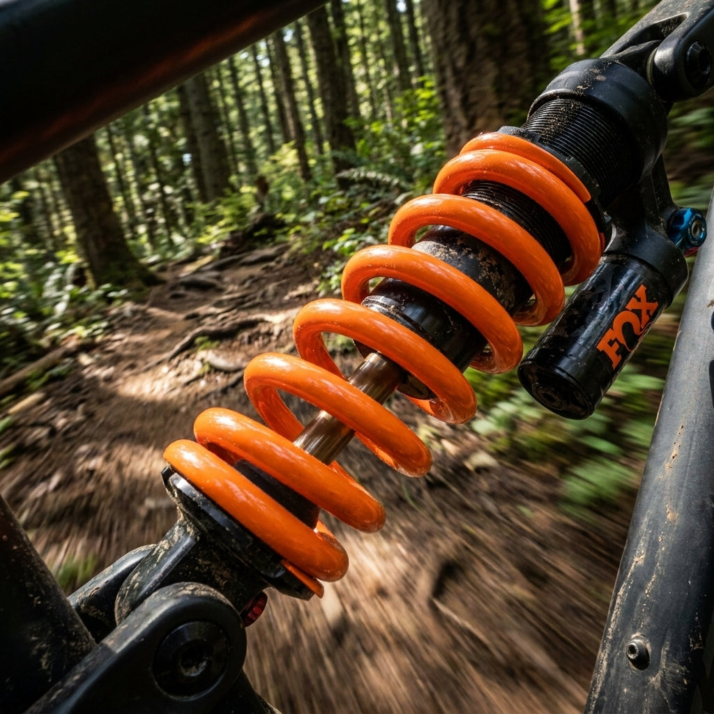Orange FOX Super Light Steel Dämpferfeder am Mountainbike in Bewegung auf einem wurzeligen Waldweg.