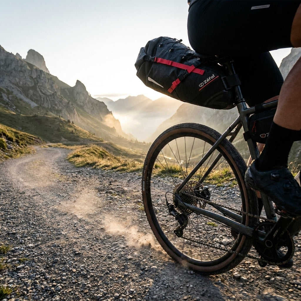 Zefal Satteltasche Z Adventure R17 schwarz am Gravelbike in den Bergen auf Schotterweg.