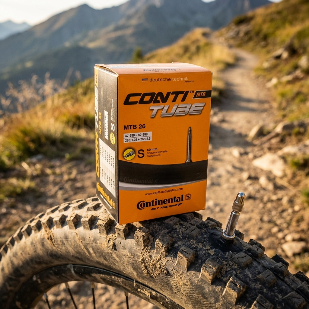 Continental Conti MTB 26 Schlauchbox (26x1.75/2.50 SV 60mm) auf Mountainbike-Reifen am Trail in den Bergen.