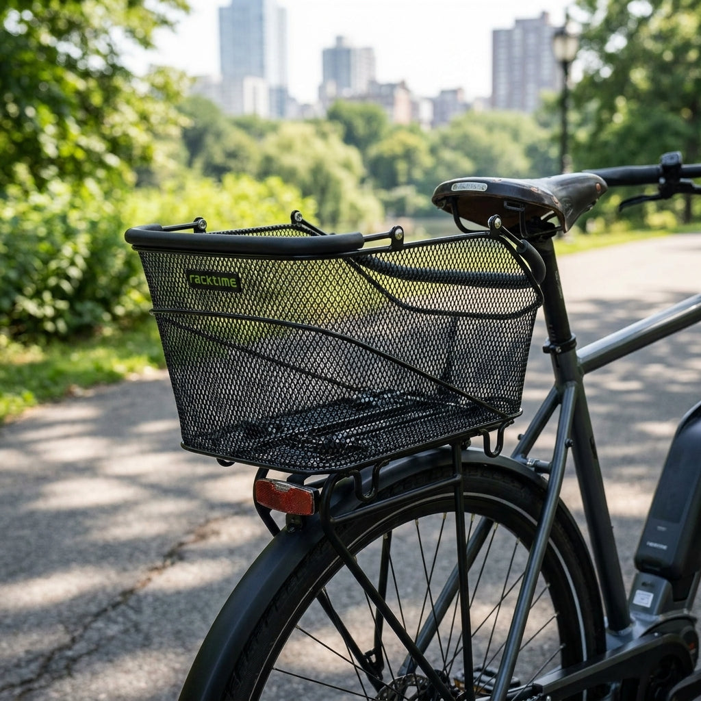Racktime Korb Bask-it TRUNK 2.0 small schwarz 20l auf Fahrrad in Parkumgebung mit Stadtkulisse.