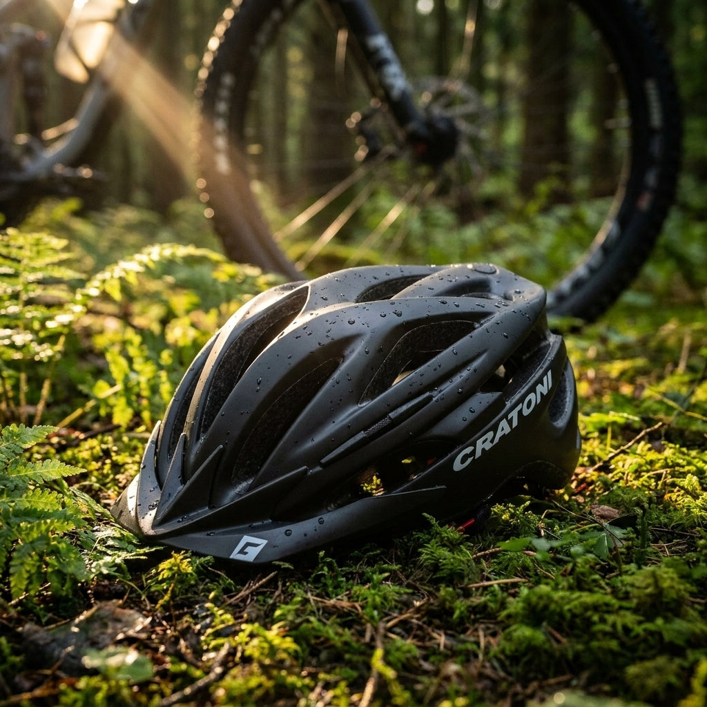Cratoni Fahrradhelm Pacer MTB L/XL 58-62cm schwarz matt auf moosigem Waldboden mit Tautropfen und Bike im Hintergrund.