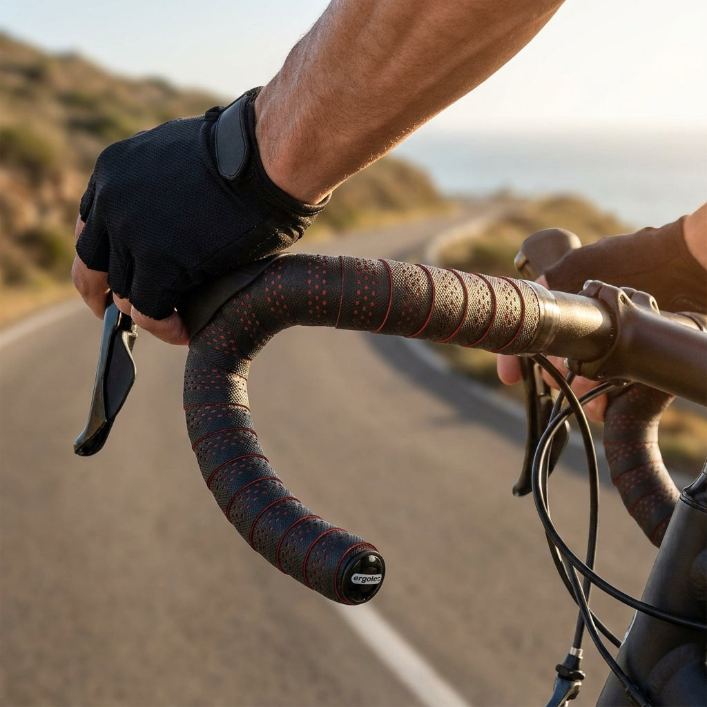 Ergotec Polster-Lenkerbandset San Remo sz/rot am Fahrradlenker eines Radfahrers auf Küstenstraße.