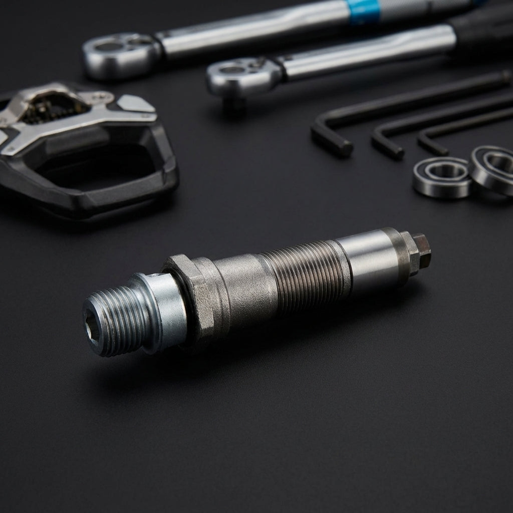 SHIMANO PD-GR500 rechte Pedalachse für Fahrräder, umgeben von Montagewerkzeugen und Kugellagern.