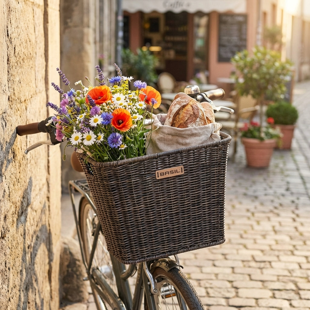 Basil Vorderradkorb Bremen FM aus dunkelbraunem Rattan am Fahrrad mit Blumen und Brot.