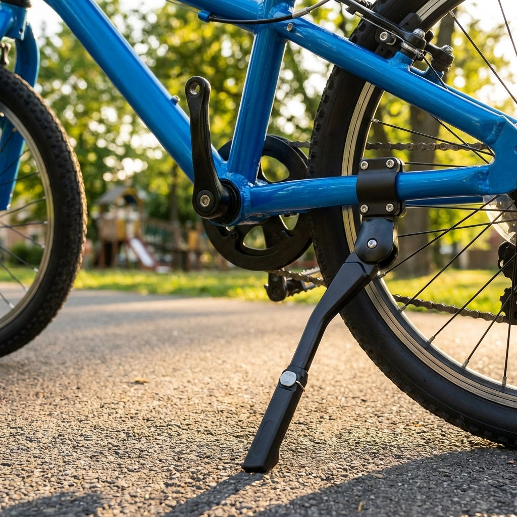Ursus Seitenständer Easy mini schwarz verstellbar, an einem blauen Kinderfahrrad 16-24 Zoll montiert.