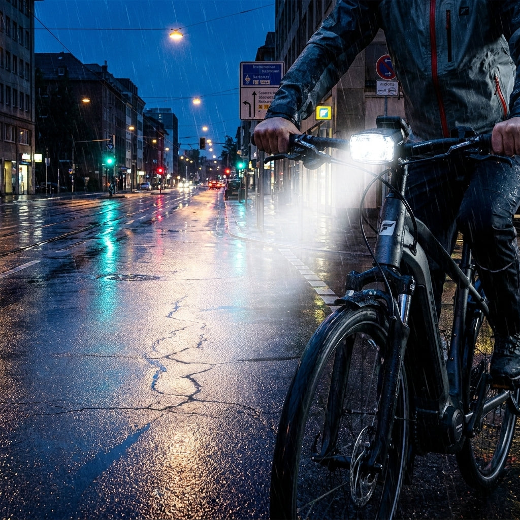 Trelock LS 990 LIGHTHAMMER PRO E-Bike-Frontscheinwerfer (250 Lux) leuchtet nasse Straße bei Nacht für sicheren Radfahrer.