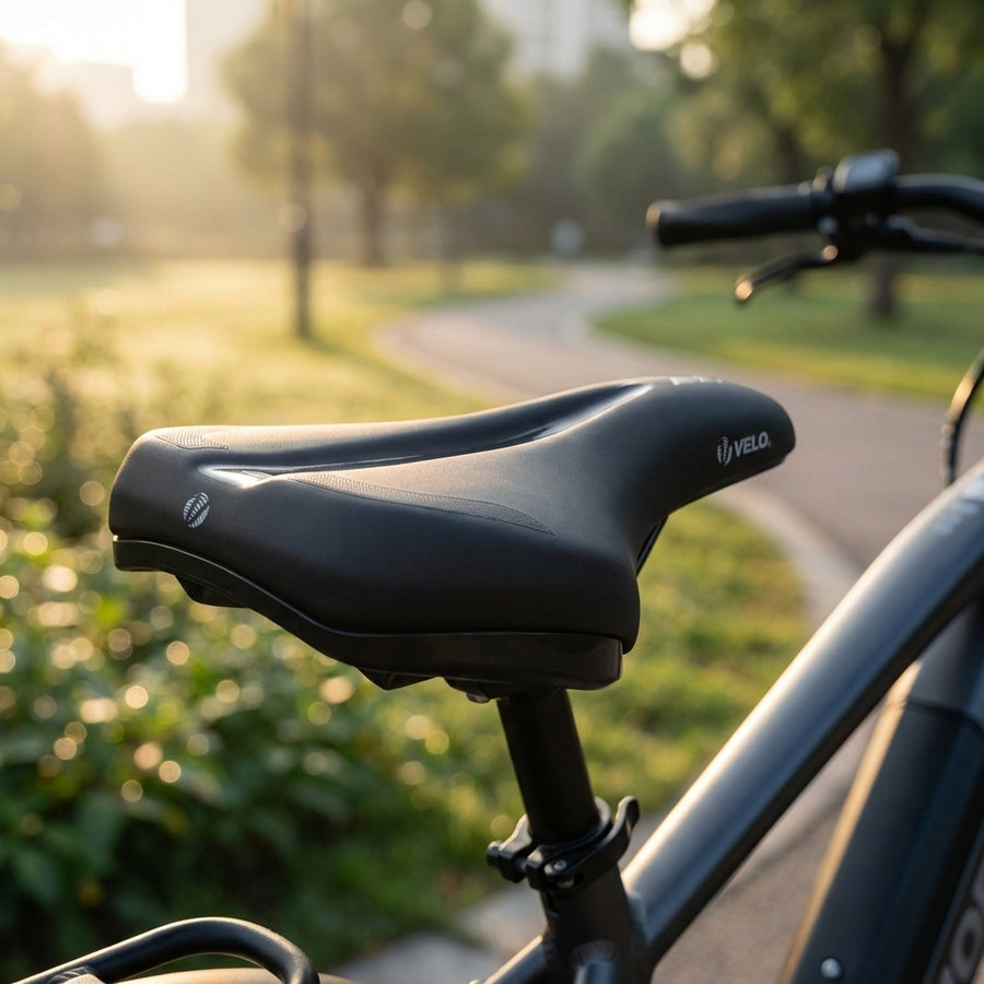 Velo E-Bike Sattel Velo-Fit E1 Größe M, schwarz, auf E-Bike vor verschwommenem Parkweg.