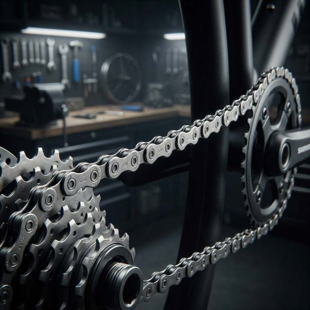 SHIMANO CN-E6070 9-fach E-Bike Kette auf Fahrradantrieb im Detail in einer Werkstatt.
