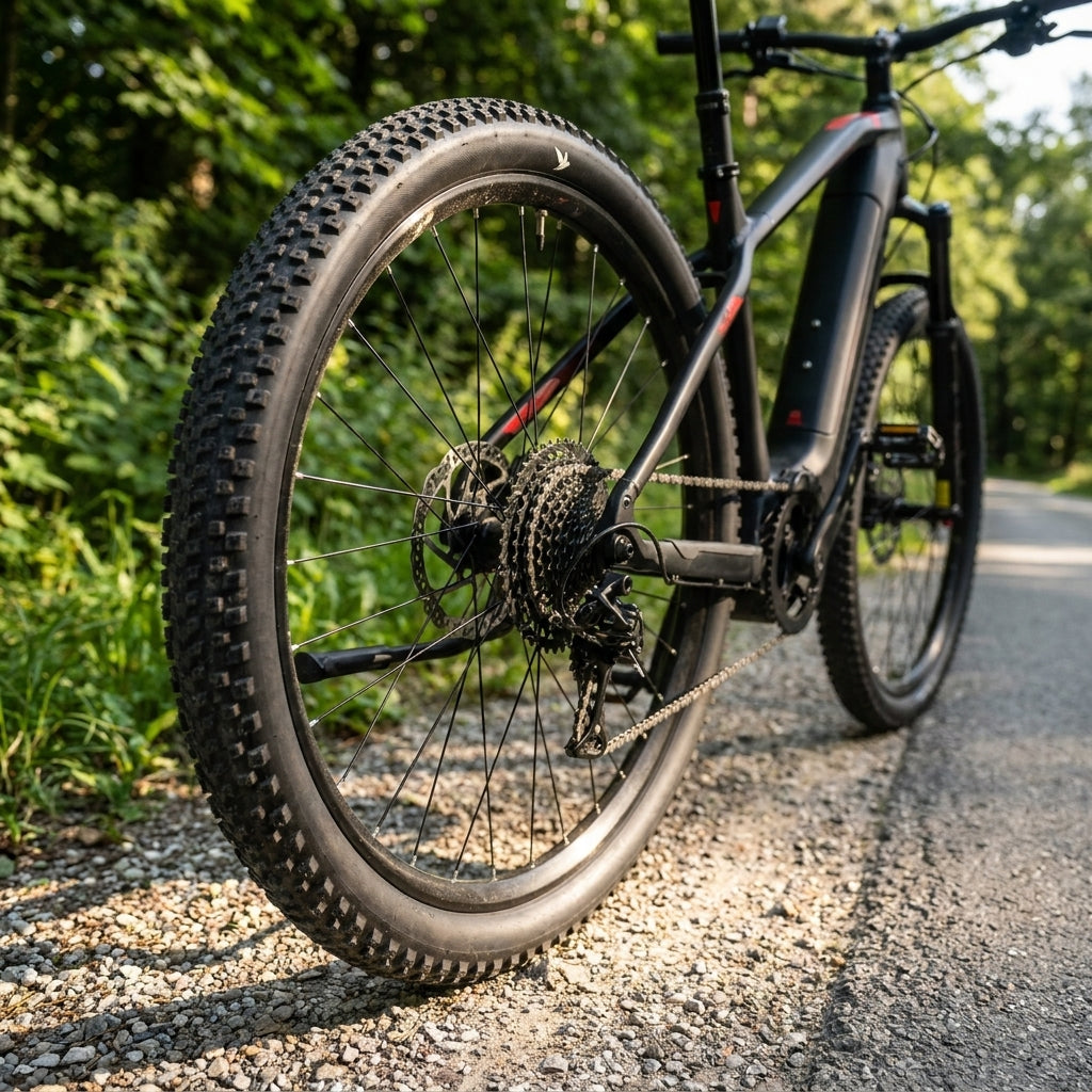 Schwalbe Advancer Hybrid SUV-Fahrradreifen Schwarz mit PunctureGuard am Hinterrad auf Schotterweg.