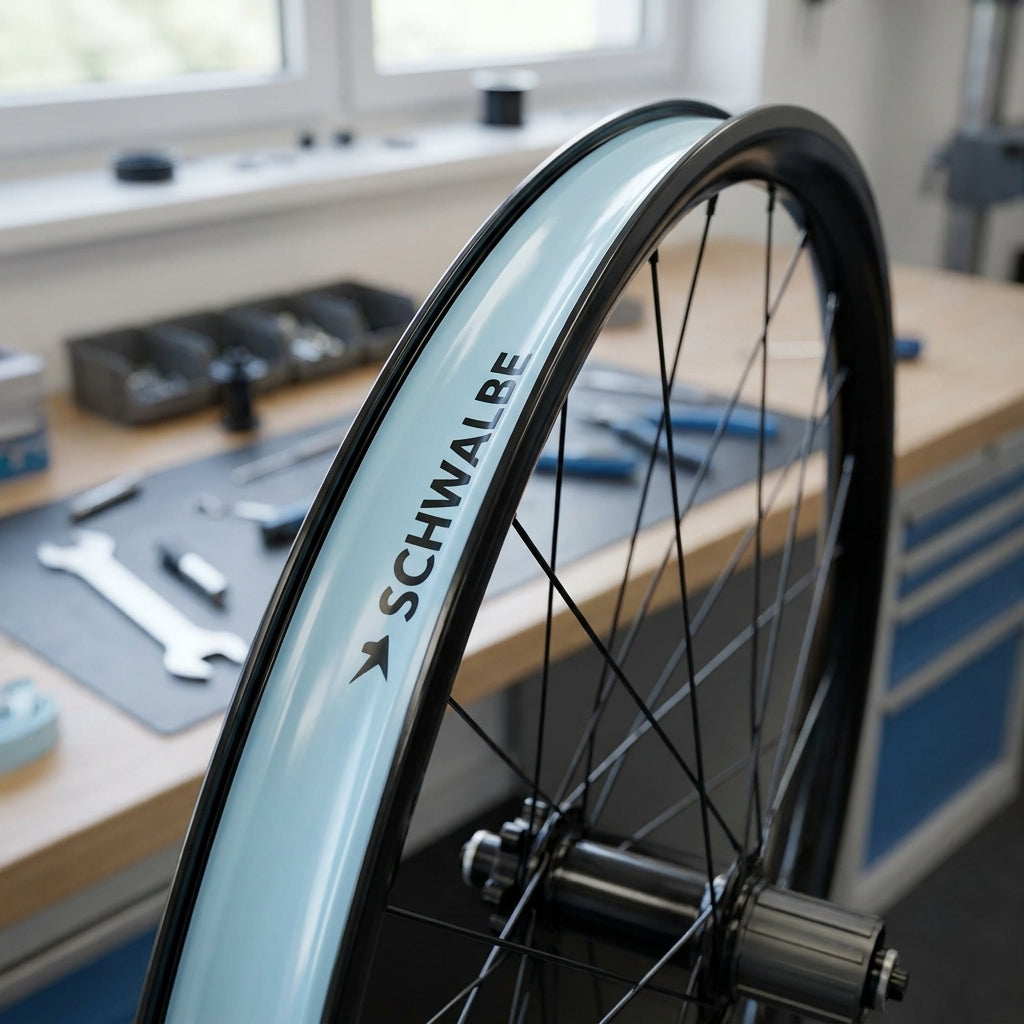 Schwalbe Felgenband TPU SUPER HP 20-584 in hellblau auf Fahrrad-Laufrad im Workshop. Leichtes, langlebiges Felgenschutzband.