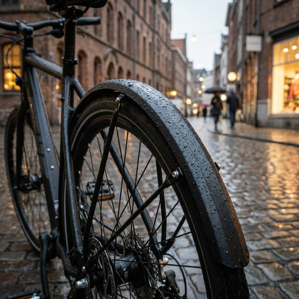 Hebie Schutzblechset Alumee 26" schwarz 62mm, mit Regentropfen am Fahrrad auf nasser Kopfsteinpflasterstraße.