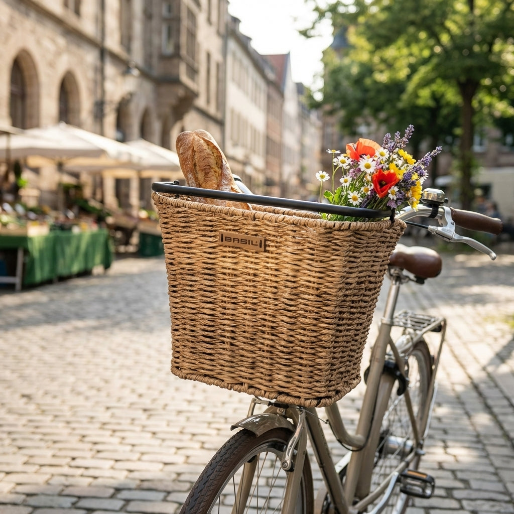 Basil Bremen Lenkerkorb Rattan-Look vorne am Fahrrad mit Baguette und bunten Blumen auf Kopfsteinpflaster.