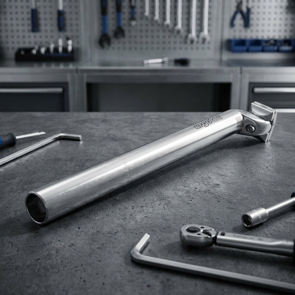 Ergotec Patentsattelstütze Alu Ø 25,8mm, 350mm silber auf Werkbank mit Fahrradwerkzeug.