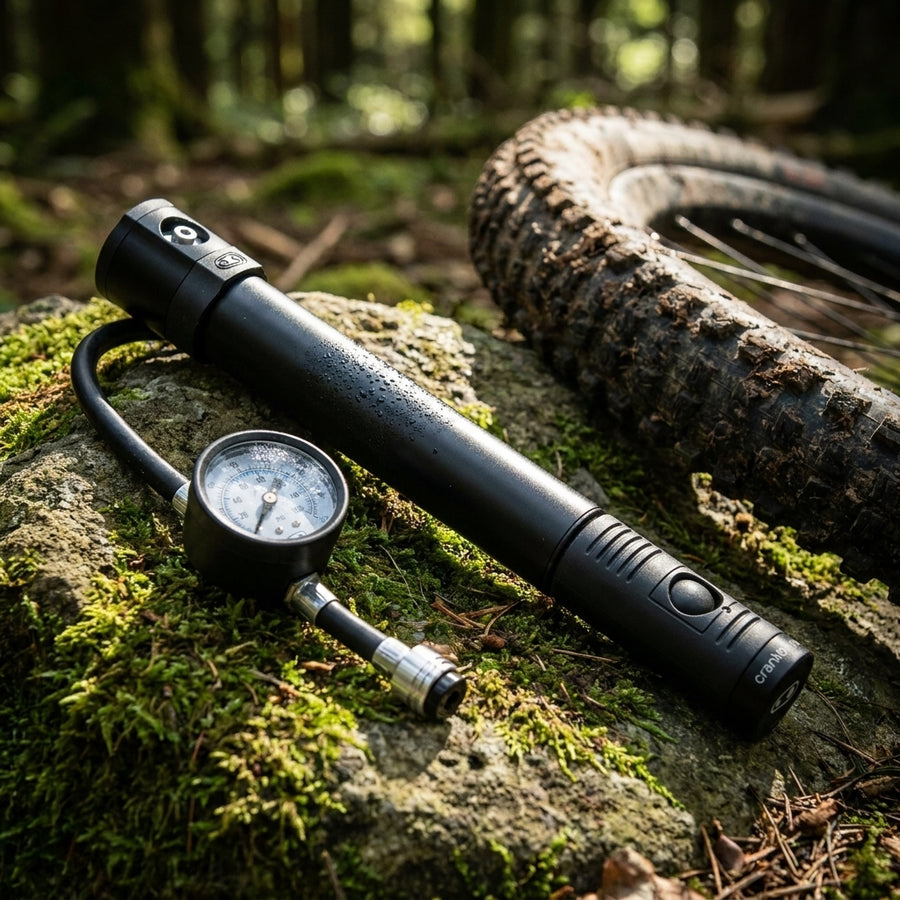 Schwarze Crankbrothers Klic HV Handpumpe mit analogem Manometer auf Moos neben Mountainbike-Reifen im Wald.