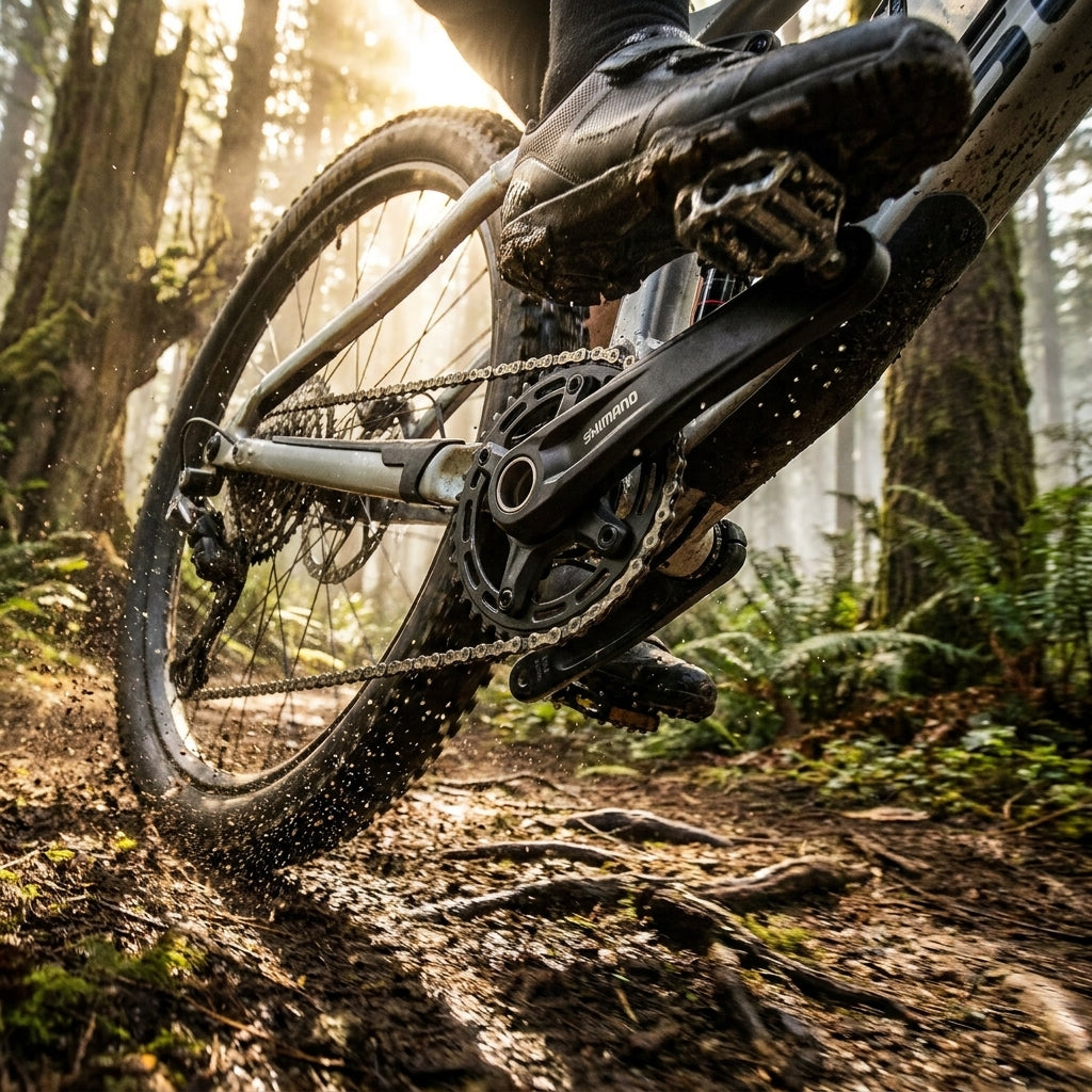 SHIMANO FC-MT510 12-fach Kurbelgarnitur am Mountainbike in Aktion auf schlammigem Waldweg.