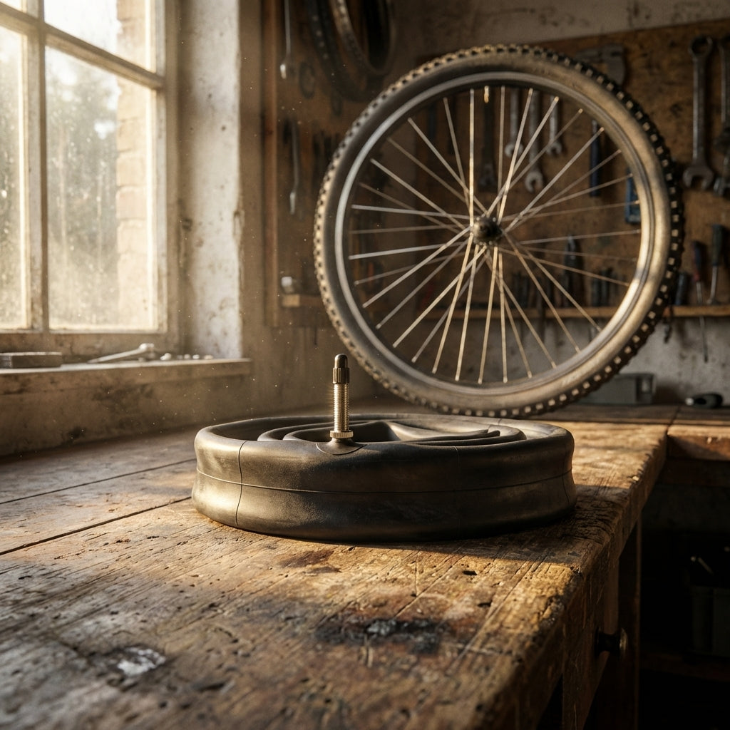 Schwalbe AV13 Fahrradschlauch 26 Zoll mit Autoventil auf einer Holzwerkbank für MTB und Trekkingräder.