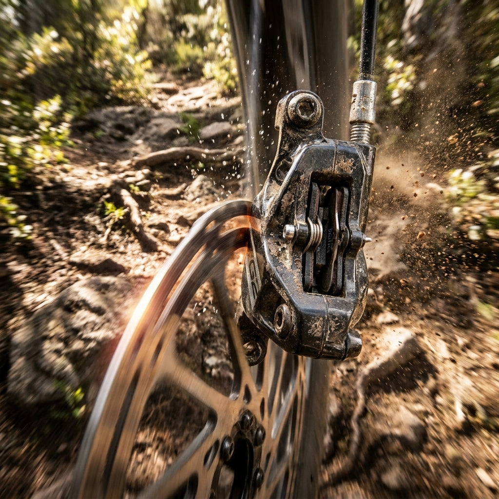 SRAM Guide/G2 Scheibenbremsbeläge in Mountainbike-Action, glühende Scheibe auf schmutzigem Trail.