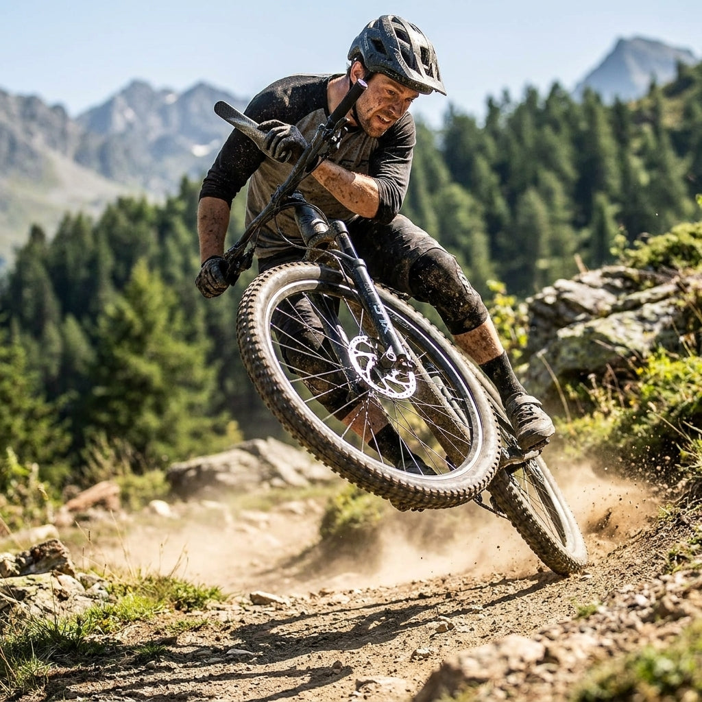 Ein Mountainbiker fährt dynamisch auf einem staubigen Trail mit der XLC Pro MTB Festachse QR-H01.