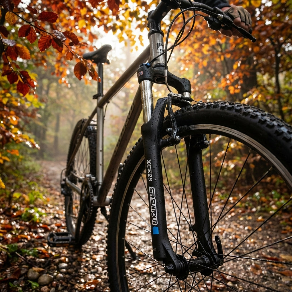 Schwarze SR Suntour XCE Federgabel mit V-Bremse am 26-Zoll-Fahrrad auf nassem Herbstweg.