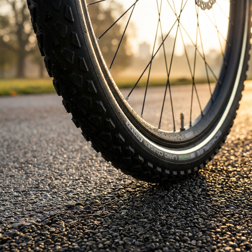 Schwalbe Land Cruiser Plus Reflex E-25 Fahrradreifen auf Asphalt bei goldener Stunde.