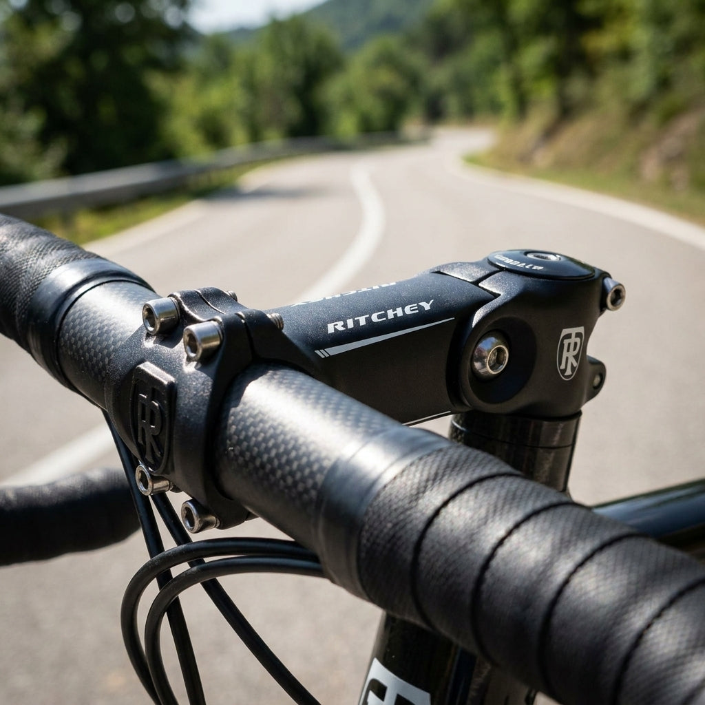 Ritchey Adjustable 4-Axis Vorbau 105mm 31.8mm, schwarz-matt, winkelverstellbar, am Rennrad auf Straße.