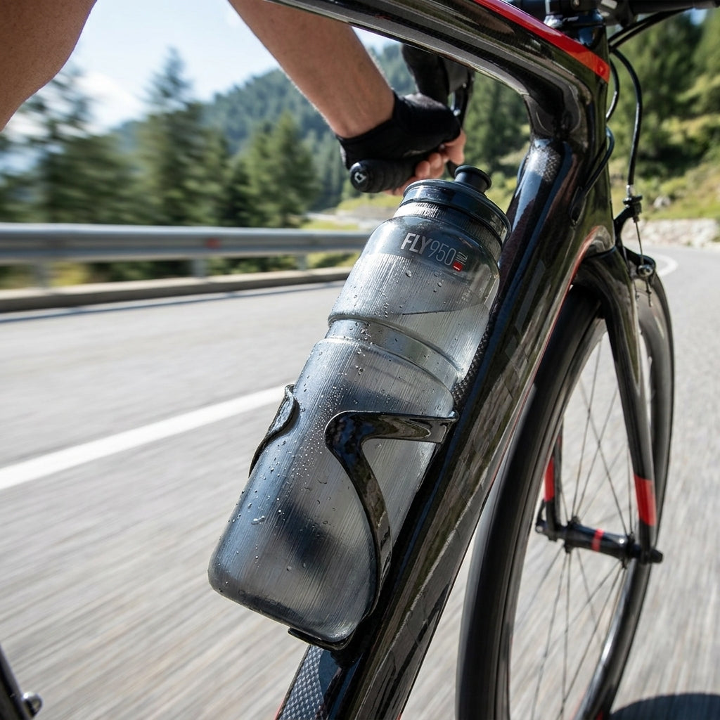 ELITE Fly Tex Smoke 950ml ultraleichte Trinkflasche am Rennrad eines Radfahrers auf Bergstraße.