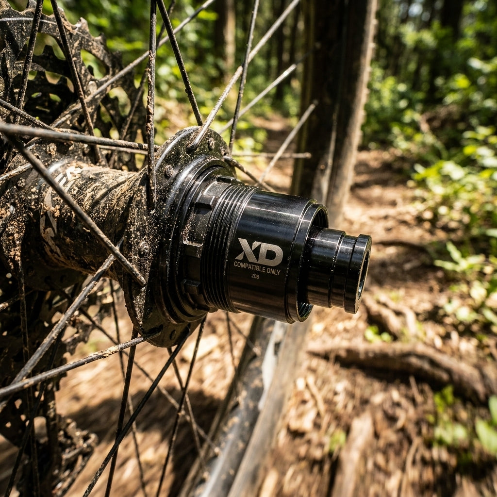 Robuster Race Face Trace Freilaufkörper (SRAM XD) an schwarzer MTB-Nabe, schlammbedeckt auf Waldtrail.