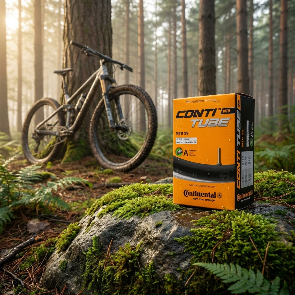 Continental MTB Schlauch 29 Zoll 29x1.75-2.50 AV 40mm Packung auf bemoostem Stein im Wald vor einem Mountainbike.