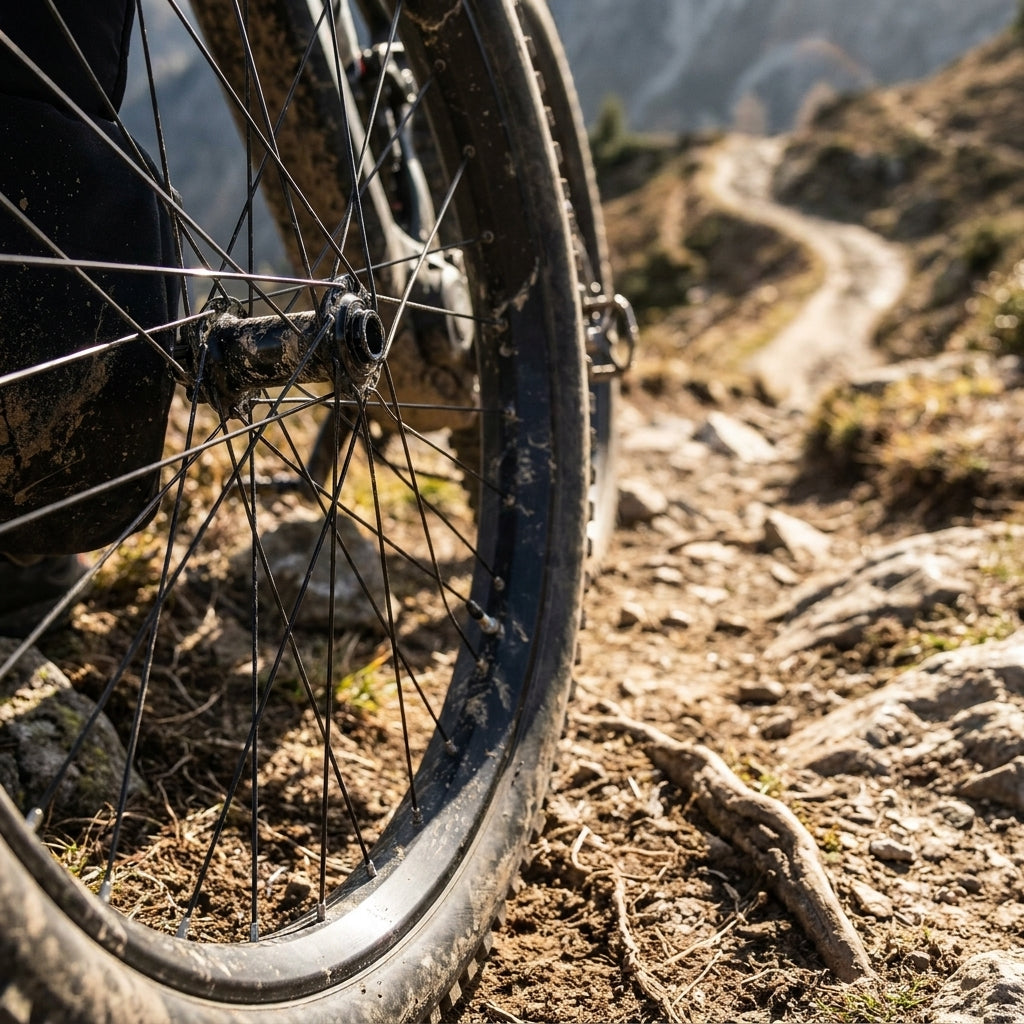 DT Swiss Alpine III Speichen am robusten E-Bike Rad auf Gebirgspfad. Ideal für Tandem.