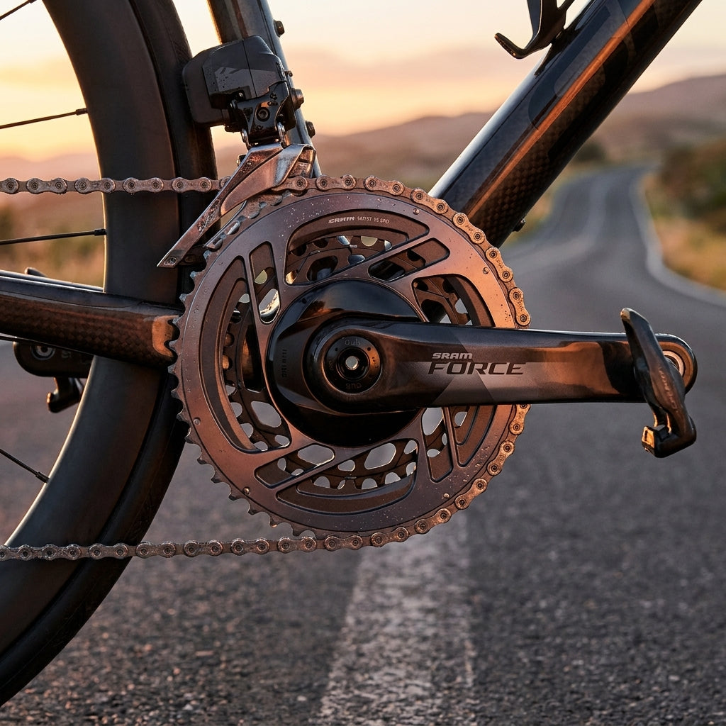 SRAM Force AXS 2x12 Kurbelgarnitur 46-33T am Rennrad für maximale Effizienz auf der Straße.