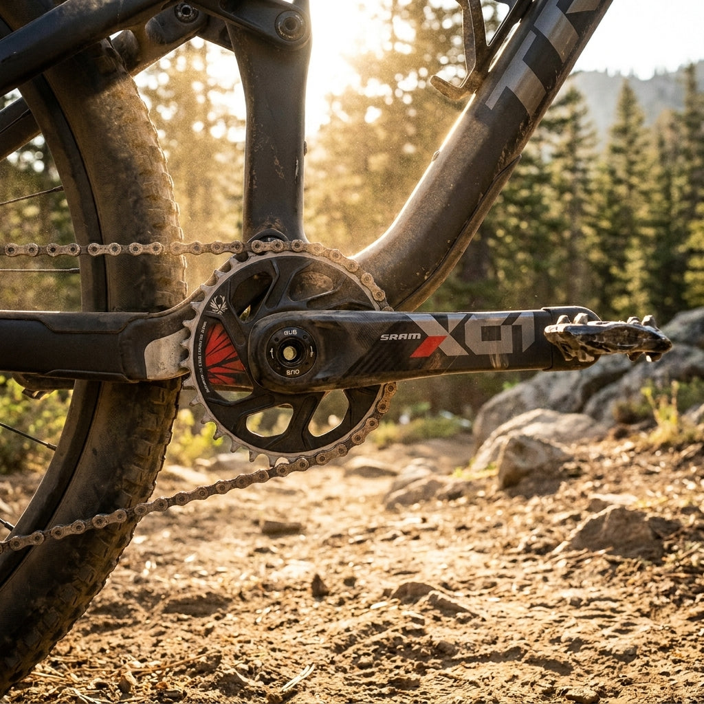 SRAM X01 Eagle DUB Kurbelgarnitur 175mm 32T schwarz am Mountainbike auf sonnigem Waldweg für 1x12-MTB-Antriebe.