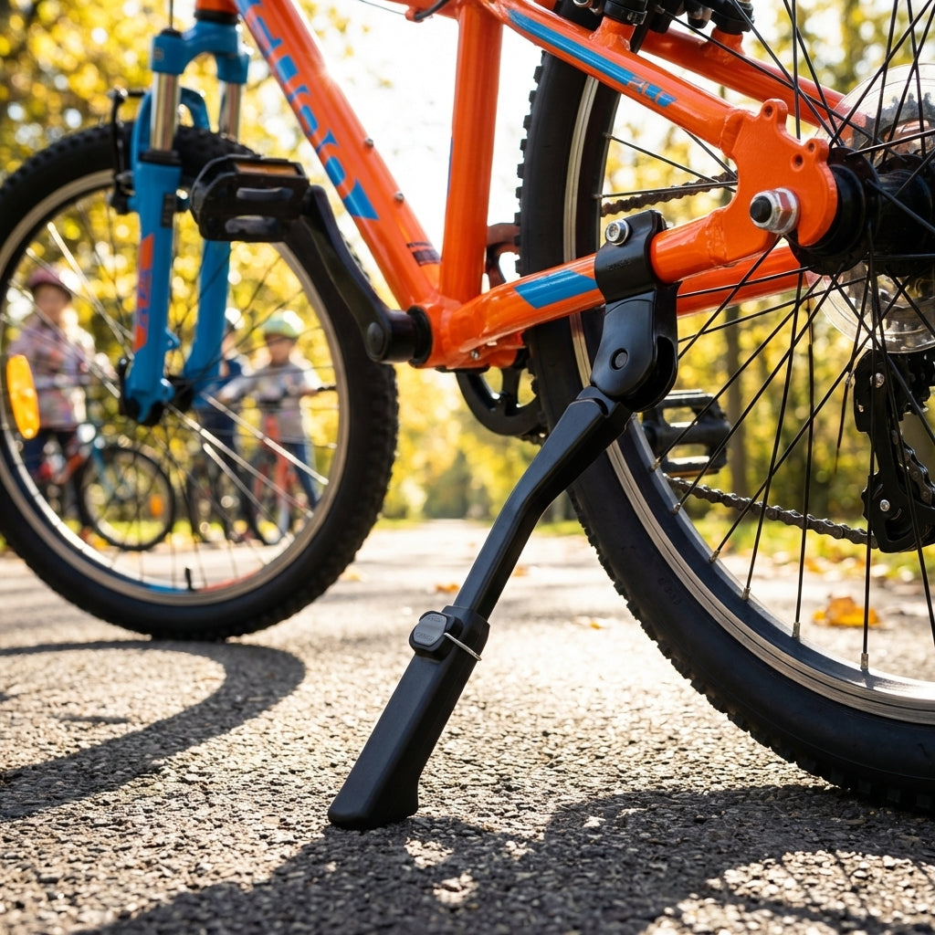 XLC Seitenständer KS-B05 schwarz verstellbar 16-24" an orangefarbenem Kinderfahrrad.