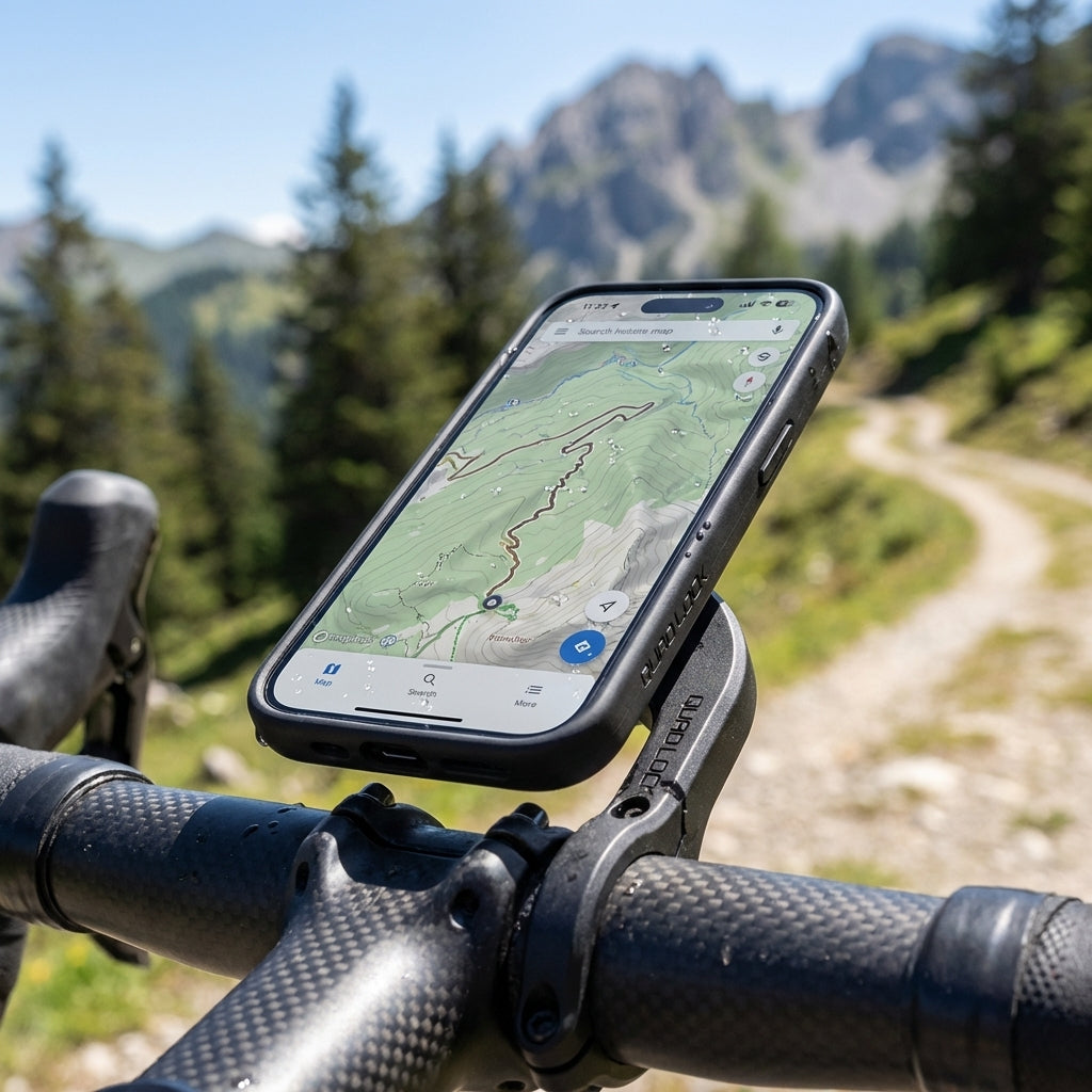 Schwarzes Quad Lock MAG Case iPhone 15 Pro Max auf Fahrradhalterung zeigt Karte beim Radfahren in den Bergen.