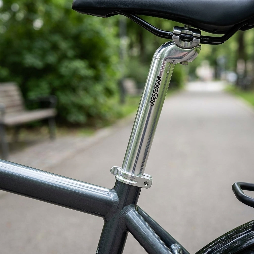 Ergotec Patentsattelstütze Alu Ø 27,0mm 350mm silber am Fahrrad montiert.