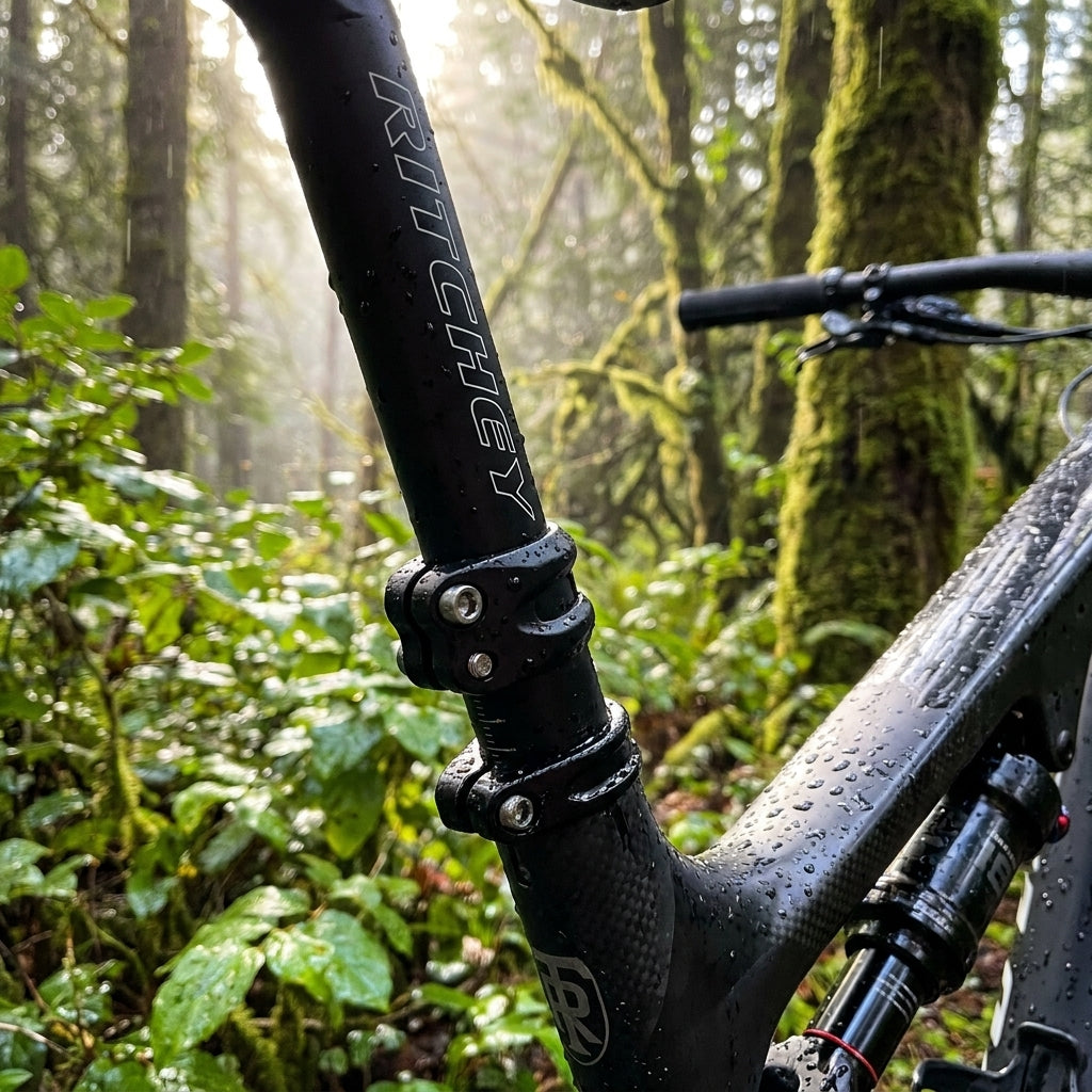 Ritchey Comp Trail 2-bolt Stütze 30.9mm schwarz am Mountainbike im regnerischen Wald mit Wassertropfen.