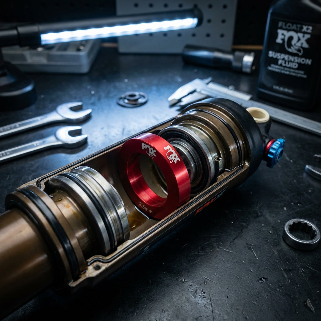 FOX Spacer 2,5mm Red für FLOAT X2 Dämpfer. Präzise Fahrwerksabstimmung, Volumen- und Federwegoptimierung für Mountainbikes.