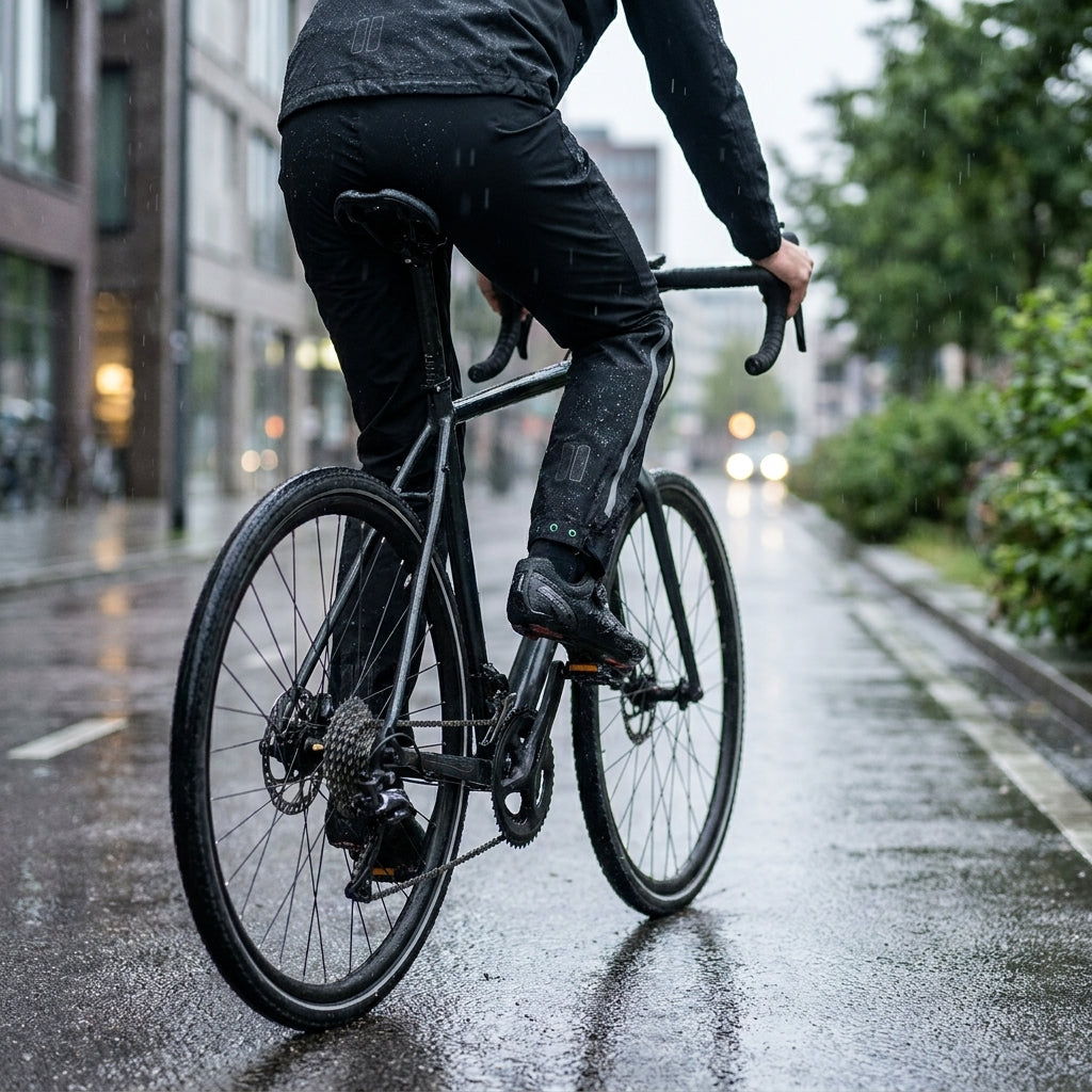 Mann trägt Basil Mosse Herren Fahrrad Regenhose jet black und fährt Rad im Regen.