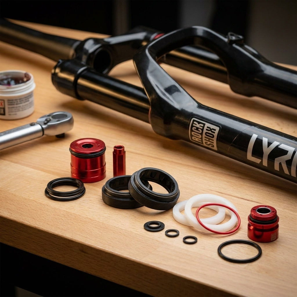 RockShox Federgabel Service-Kit Lyrik/Pike mit Dichtungen, roten Teilen und Werkzeug auf Holztisch.