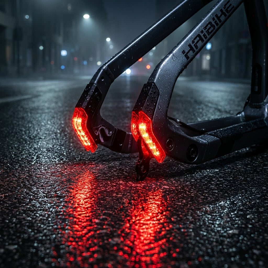 Flyon Twin Tail Lights TTL Set AM für Ausfallendenmontage am Haibike, StVZO-zugelassen, leuchten rot auf nassem Asphalt.