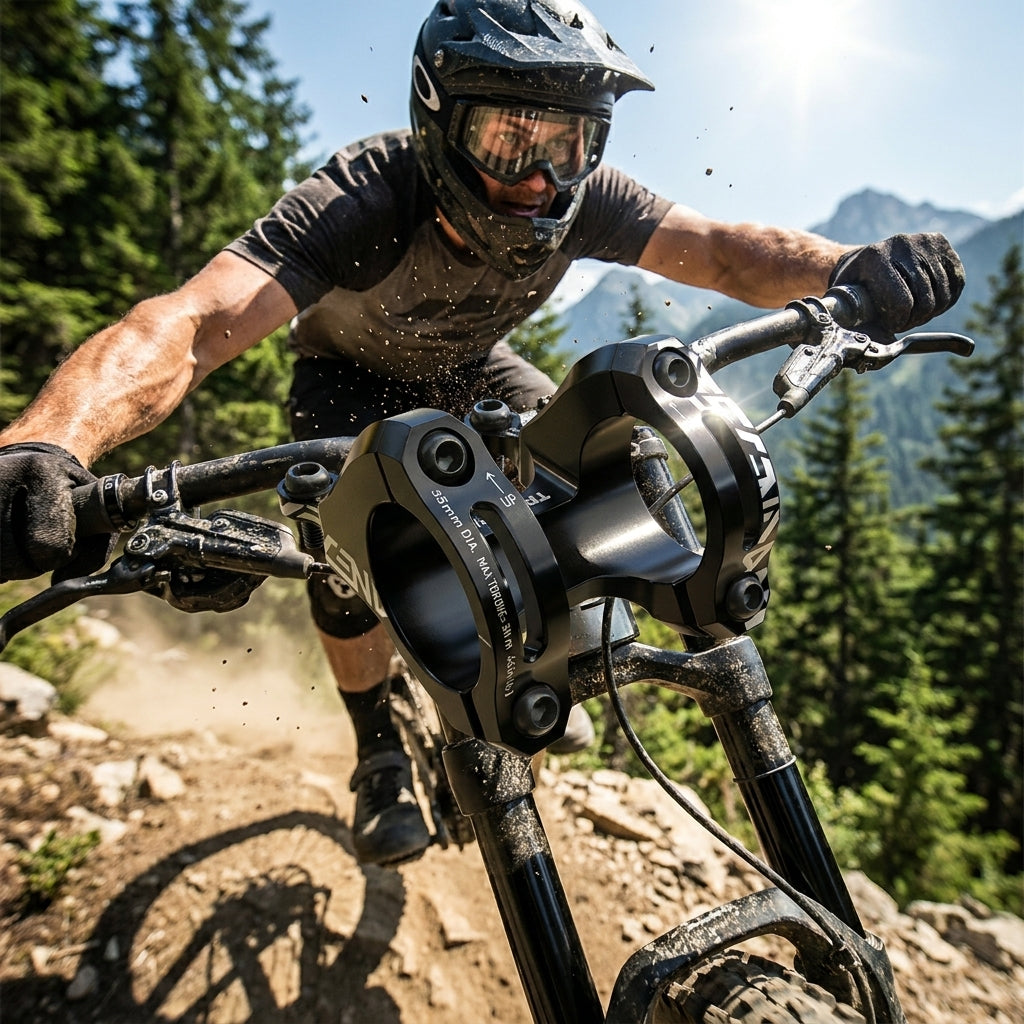Truvativ Descendant DH Vorbau 50mm Direct Mount 35mm schwarz am Mountainbike in Aktion auf dem Trail.