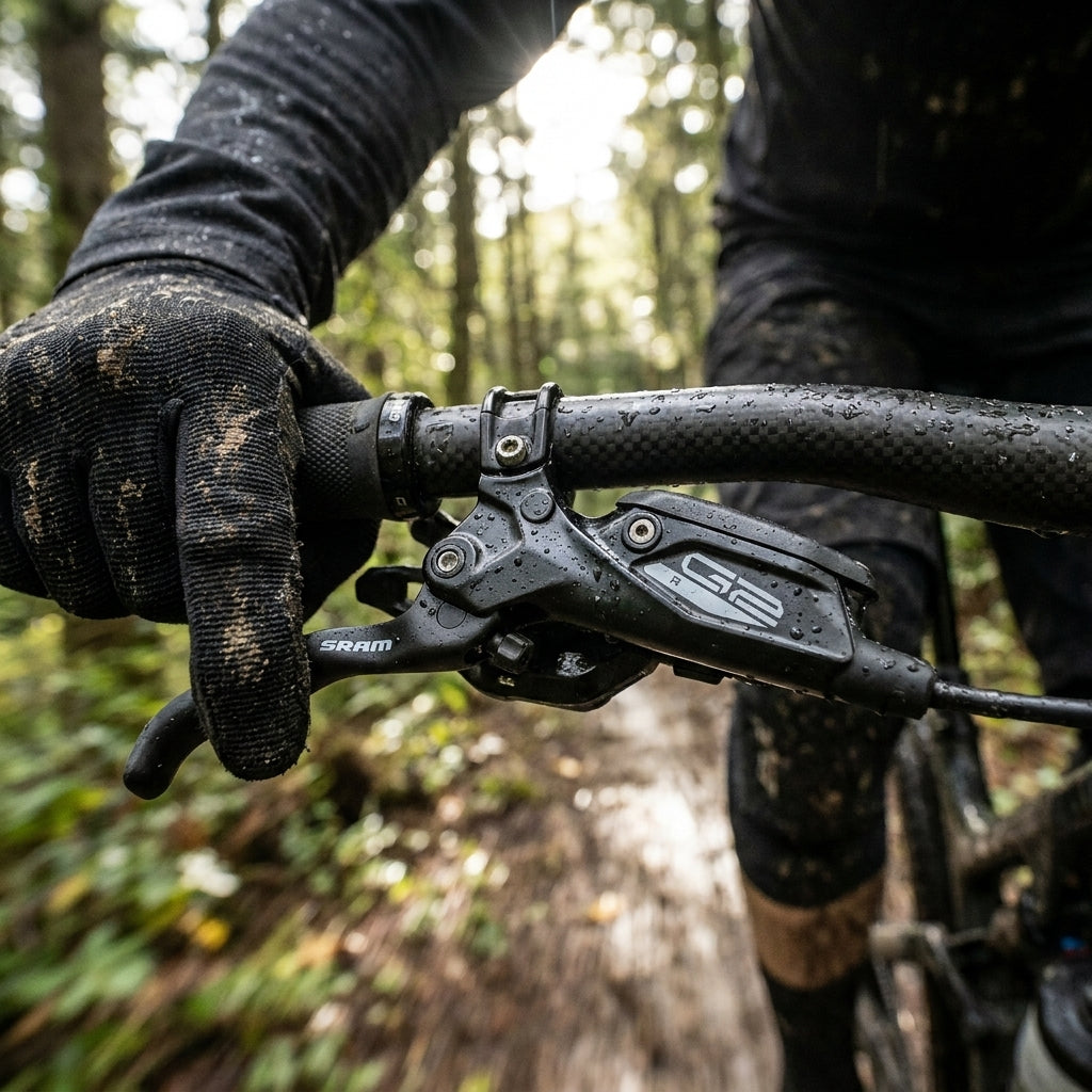 SRAM G2 R Bremshebel an Mountainbike-Lenker, nass und schlammig im Wald.
